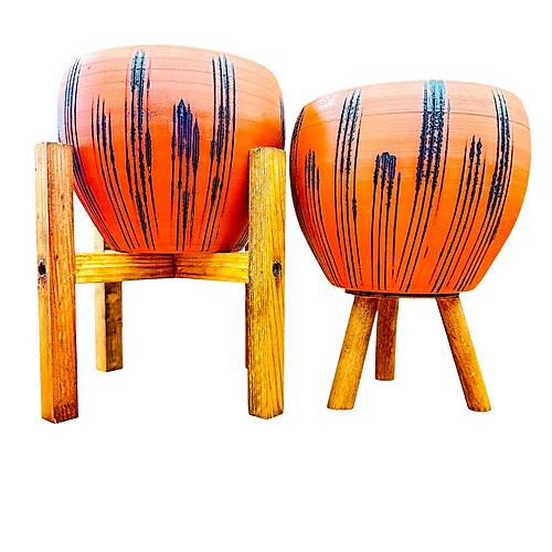Bitki Tasar�m� Siyah �izgi Desenli Terrakota Toprak Saks� Saks�l�k Salon �i�eklik �kili Set 3 Ayakl�- 4 Ayakl�- 15 Cm