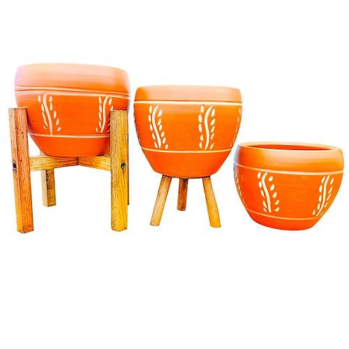 Bitki Tasar�m� Nak�� Desenli Terrakota Toprak Saks� Saks�l�k Salon �i�eklik ��l� Set - 15 Cm