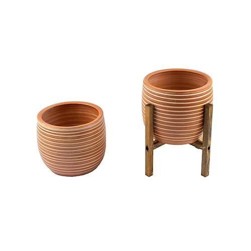 Bitki Tasarm Yan izgi Desenli Toprak Saks Sakslk Salon ieklik kili Set Ayaksz - 4 Ayakl- 19 CM