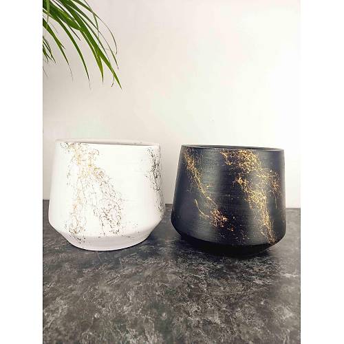 Bitki Tasarm Siyah Ve Beyaz zeri Gold Mermer Efektli Keskin Hatl Toprak Saks Sakslk Salon ieklik kili Set  - 19 CM