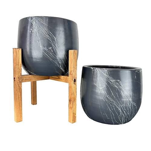 Bitki Tasarm Gri zeri Beyaz Mermer Efektli Toprak Saks Sakslk Salon ieklik kili Set Ayaksz - 4 Ayakl- 19 CM