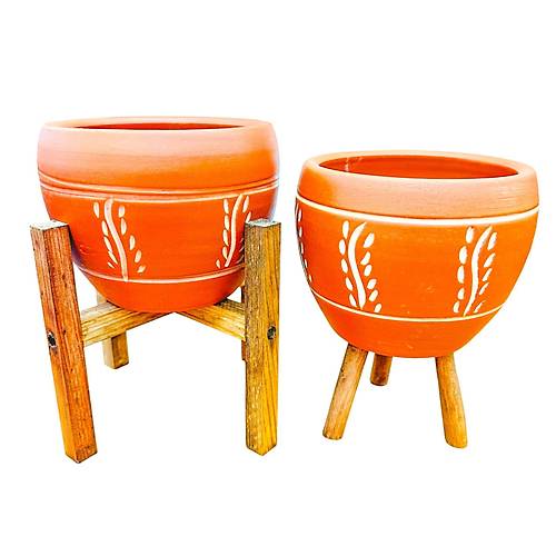 Bitki Tasar�m� Nak�� Desenli Terrakota Toprak Saks� Saks�l�k Salon �i�eklik �kili Set 3 Ayakl�- 4 Ayakl�- 15 Cm