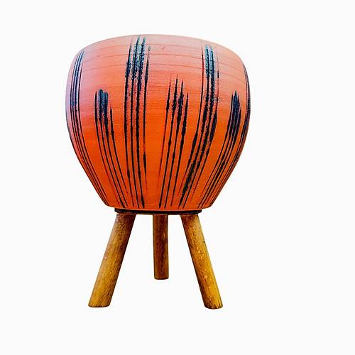 Bitki Tasar�m� Siyah �izgi Desenli Terrakota Toprak Saks� Saks�l�k Salon �i�eklik 3 Ayakl� - 15 Cm