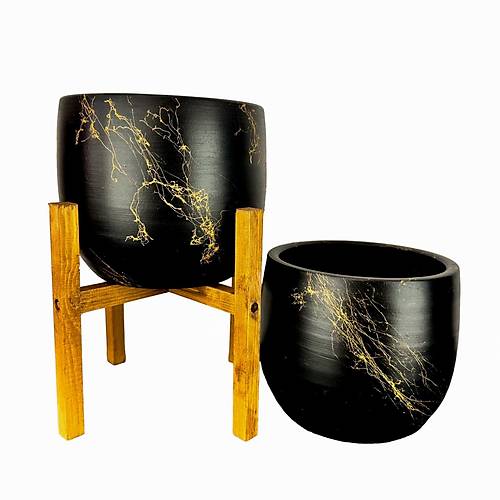 Bitki Tasarm Siyah zeri Gold Mermer Efektli Toprak Saks Sakslk Salon ieklik kili Set Ayaksz - 4 Ayakl- 19 CM