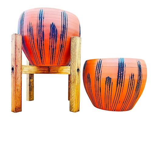 Bitki Tasar�m� Siyah �izgi Desenli Terrakota Toprak Saks� Saks�l�k Salon �i�eklik �kili Set Ayaks�z - 4 Ayakl�- 15 Cm