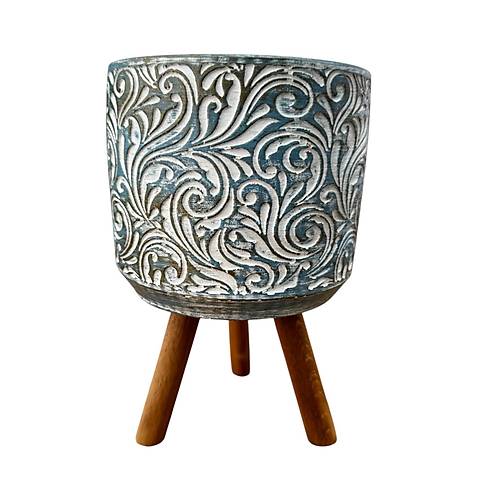 Bitki Tasar�m� Ev dekorasyon Mavi Eskitme �i�ek Desen Ayakl� Beton Saks� �i�eklik Saks�l�k
