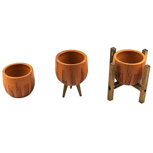 Bitki Tasarm Siyah izgi Desenli Terakota Toprak Saks Sakslk Salon ieklik l Set 12 Cm