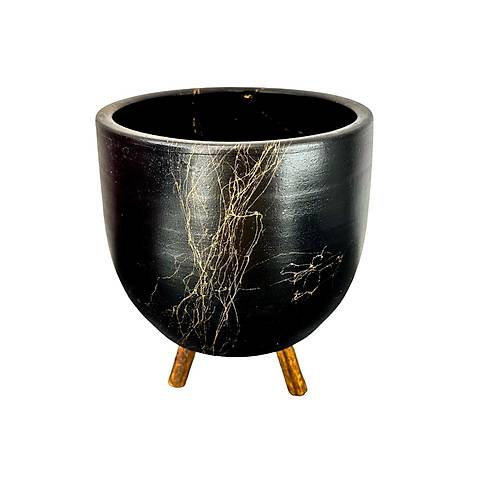 Bitki Tasar�m�  Siyah �zeri Gold Mermer Efektli Toprak Saks� Saks�l�k Salon �i�eklik 3 Ayakl� - 19 CM