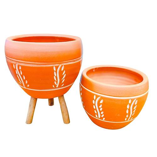 Bitki Tasar�m� Nak�� Desenli Terrakota Toprak Saks� Saks�l�k Salon �i�eklik �kili Set Ayaks�z - 3 Ayakl�- 15 Cm