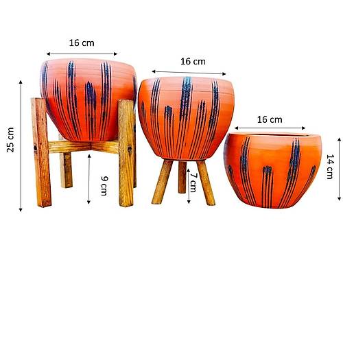Bitki Tasar�m� siyah �izgi Desenli Terrakota Toprak Saks� Saks�l�k Salon �i�eklik ��l� Set - 15 Cm