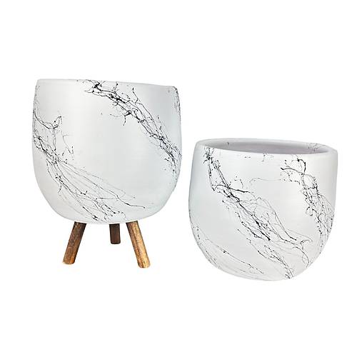 Bitki Tasarm Beyaz zeri Siyah Mermer Efektli Toprak Saks Sakslk Salon ieklik kili Set Ayaksz - 3 Ayakl- 19 CM