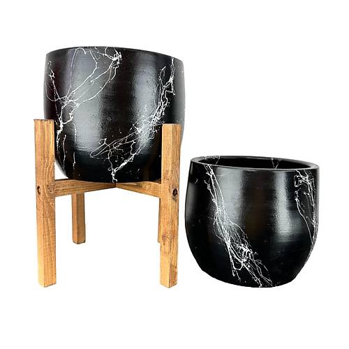 Bitki Tasar�m� Siyah �zeri Beyaz Mermer Efektli Toprak Saks� Saks�l�k Salon �i�eklik �kili Set Ayaks�z - 4 Ayakl�- 19 CM