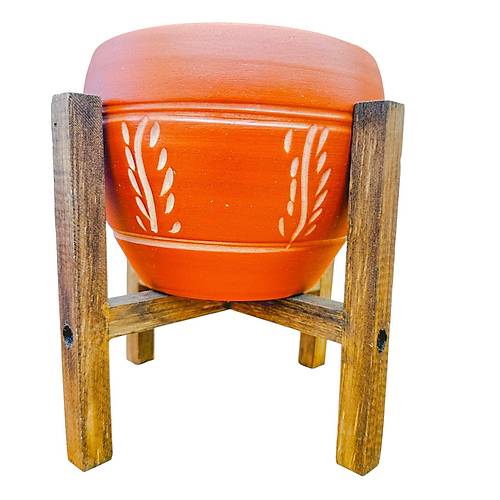 Bitki Tasar�m� Nak�� Desenli Terrakota Toprak Saks� Saks�l�k Salon �i�eklik 4 Ayakl� - 15 Cm