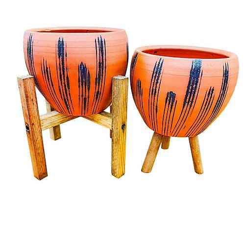 Bitki Tasar�m� Siyah �izgi Desenli Terrakota Toprak Saks� Saks�l�k Salon �i�eklik �kili Set 3 Ayakl�- 4 Ayakl�- 15 Cm