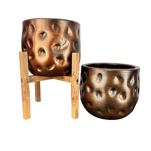 Bitki Tasarm Ev Dekorasyon Aksesuar Bakr Desenli Toprak Saks Sakslk Salon ieklik kili Set Ayaksz-4 Ayakl 19 CM