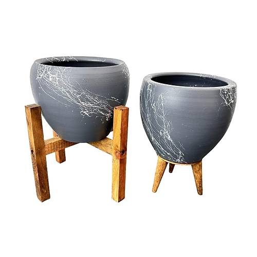 Bitki Tasar�m� Gri �zeri Beyaz Mermer Efektli Toprak Saks� Saks�l�k Salon �i�eklik �kili Set 3 Ayakl�- 4 Ayakl�- 15 Cm