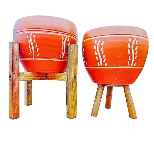 Bitki Tasar�m� Nak�� Desenli Terrakota Toprak Saks� Saks�l�k Salon �i�eklik �kili Set 3 Ayakl�- 4 Ayakl�- 15 Cm