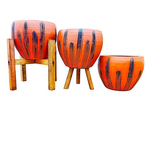 Bitki Tasar�m� siyah �izgi Desenli Terrakota Toprak Saks� Saks�l�k Salon �i�eklik ��l� Set - 15 Cm