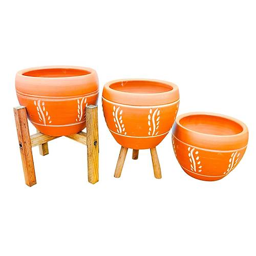 Bitki Tasar�m� Nak�� Desenli Terrakota Toprak Saks� Saks�l�k Salon �i�eklik ��l� Set - 15 Cm