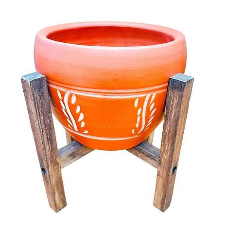 Bitki Tasar�m� Nak�� Desenli Terrakota Toprak Saks� Saks�l�k Salon �i�eklik 4 Ayakl� - 15 Cm