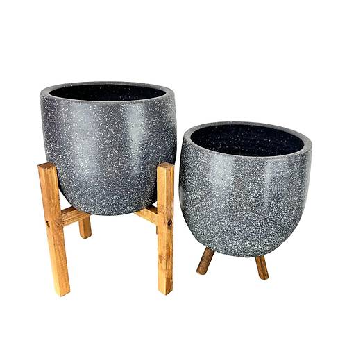 Bitki Tasarm  Gri Granit Toprak Saks Sakslk Salon ieklik kili Set 3 Ayakl- 4 Ayakl- 19 CM