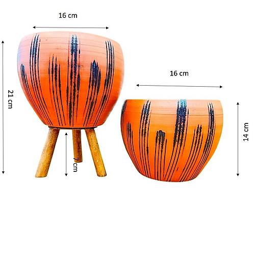 Bitki Tasar�m� Siyah �izgi Desenli Terrakota Toprak Saks� Saks�l�k Salon �i�eklik �kili Set Ayaks�z - 3 Ayakl�- 15 Cm