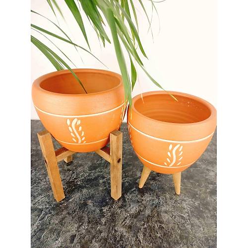 Bitki Tasarm Nak Desenli Terrakota Toprak Saks Sakslk Salon ieklik kili Set 3 Ayakl- 4 Ayakl- 15 Cm