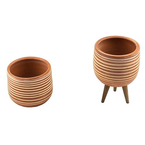 Bitki Tasarm Ev Dekorasyon Beyaz izgi Desenli Terakota Toprak Saks Sakslk Salon ieklik kili Set Ayaksz, 3 Ayakl 12 Cm