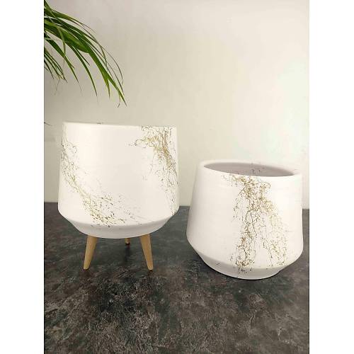 Bitki Tasarm Beyaz zeri Gold Mermer Efektli Keskin Hatl Toprak Saks Sakslk Salon ieklik kili Set Ayaksz - 3 Ayakl- 19 CM
