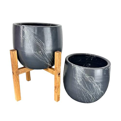 Bitki Tasarm Gri zeri Beyaz Mermer Efektli Toprak Saks Sakslk Salon ieklik kili Set Ayaksz - 4 Ayakl- 19 CM