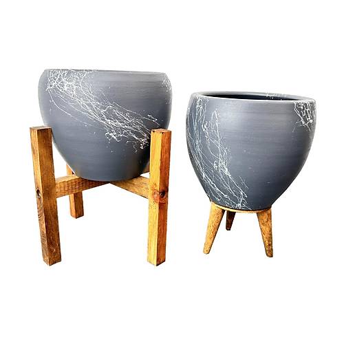 Bitki Tasar�m� Gri �zeri Beyaz Mermer Efektli Toprak Saks� Saks�l�k Salon �i�eklik �kili Set 3 Ayakl�- 4 Ayakl�- 15 Cm