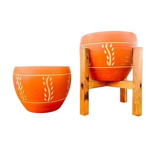 Bitki Tasarm Nak Desenli Terrakota Toprak Saks Sakslk Salon ieklik kili Set Ayaksz - 4 Ayakl- 15 Cm