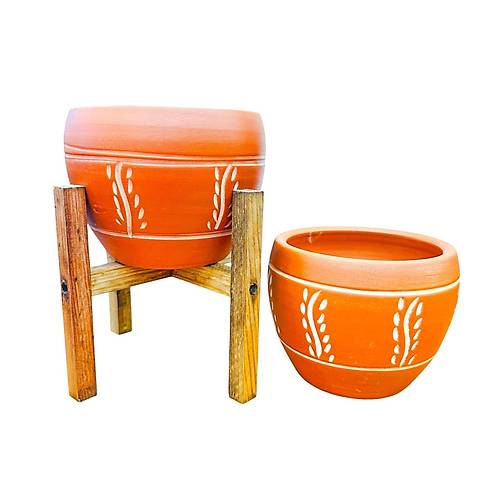 Bitki Tasar�m� Nak�� Desenli Terrakota Toprak Saks� Saks�l�k Salon �i�eklik �kili Set Ayaks�z - 4 Ayakl�- 15 Cm