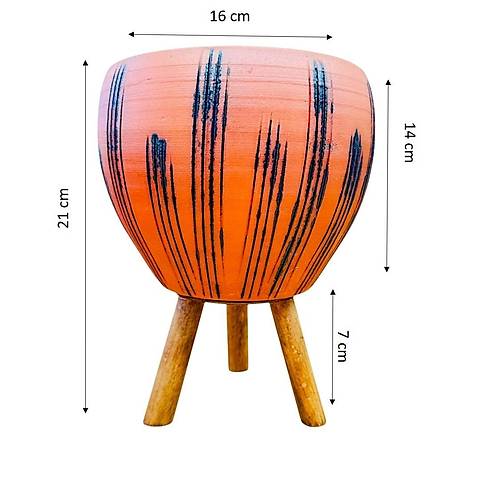 Bitki Tasar�m� Siyah �izgi Desenli Terrakota Toprak Saks� Saks�l�k Salon �i�eklik 3 Ayakl� - 15 Cm
