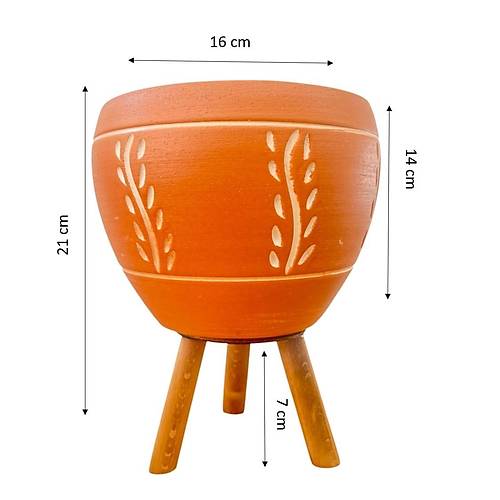 Bitki Tasar�m� Nak�� Desenli Terrakota Toprak Saks� Saks�l�k Salon �i�eklik 3 Ayakl� - 15 Cm