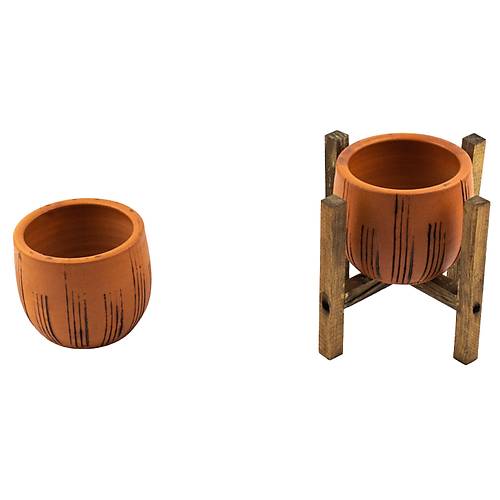 Bitki Tasarm Siyah izgi Desenli Terakota Toprak Saks Sakslk Salon ieklik kili Set Ayaksz, 4 Ayakl 12 Cm