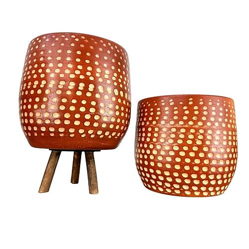 Bitki Tasarm  Beyaz Nokta Desenli Toprak Saks Sakslk Salon ieklik kili Set Ayaksz - 3 Ayakl- 19 CM