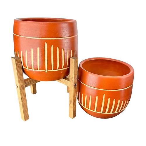 Bitki Tasarm  Dik izgi Desenli Toprak Saks Sakslk Salon ieklik kili Set Ayaksz - 4 Ayakl- 19 CM