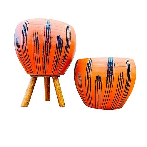 Bitki Tasar�m� Siyah �izgi Desenli Terrakota Toprak Saks� Saks�l�k Salon �i�eklik �kili Set Ayaks�z - 3 Ayakl�- 15 Cm