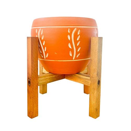 Bitki Tasar�m� Nak�� Desenli Terrakota Toprak Saks� Saks�l�k Salon �i�eklik 4 Ayakl� - 15 Cm