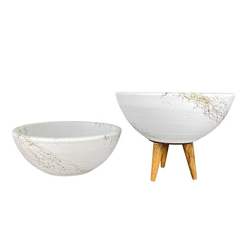 Bitki Tasarm Ev Dekorasyon Beyaz zeri Gold Mermer Efektli Aranjman Sunumluk Toprak Saks Ayaksz Ve 3 Ayakl kili Set 20 Cm ap