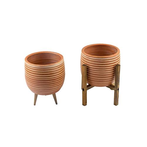 Bitki Tasarm Yan izgi Desenli Toprak Saks Sakslk Salon ieklik kili Set 3 Ayakl- 4 Ayakl- 19 CM