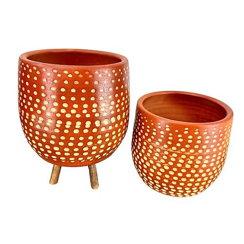 Bitki Tasarm  Beyaz Nokta Desenli Toprak Saks Sakslk Salon ieklik kili Set Ayaksz - 3 Ayakl- 19 CM