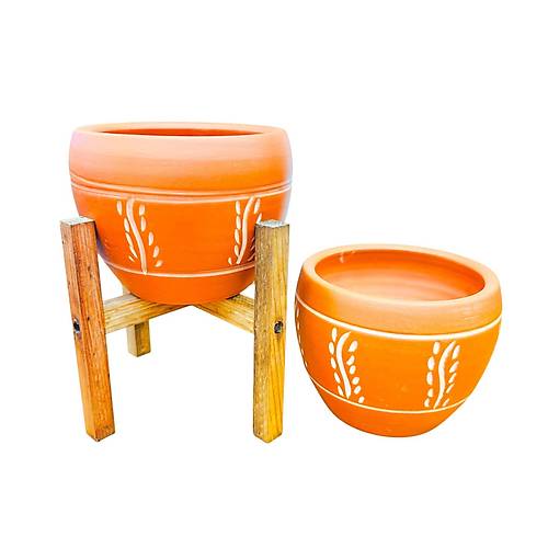 Bitki Tasar�m� Nak�� Desenli Terrakota Toprak Saks� Saks�l�k Salon �i�eklik �kili Set Ayaks�z - 4 Ayakl�- 15 Cm