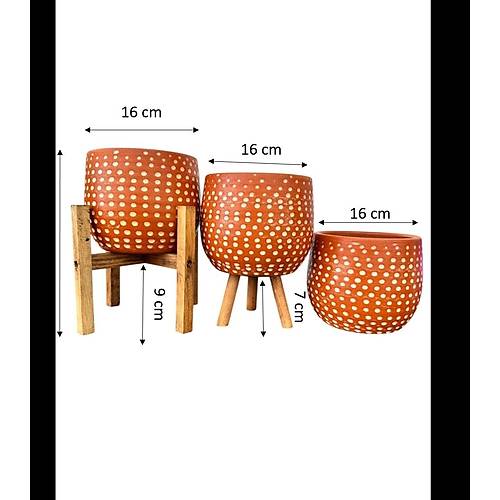 Bitki Tasar�m� Nokta Desenli Terakota Saks� & Saks�l�k Dekoratif Salon �i�ekli�i 3'l� Set 15 CM