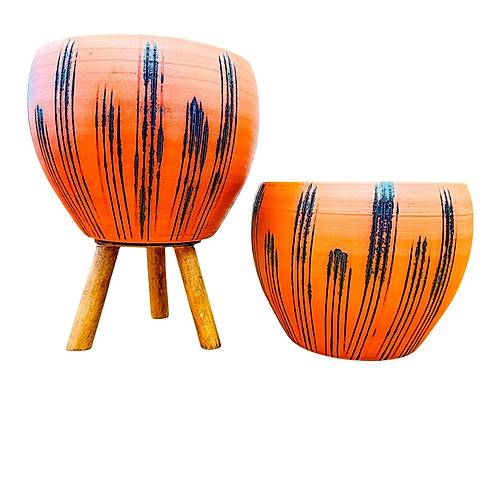 Bitki Tasar�m� Siyah �izgi Desenli Terrakota Toprak Saks� Saks�l�k Salon �i�eklik �kili Set Ayaks�z - 3 Ayakl�- 15 Cm