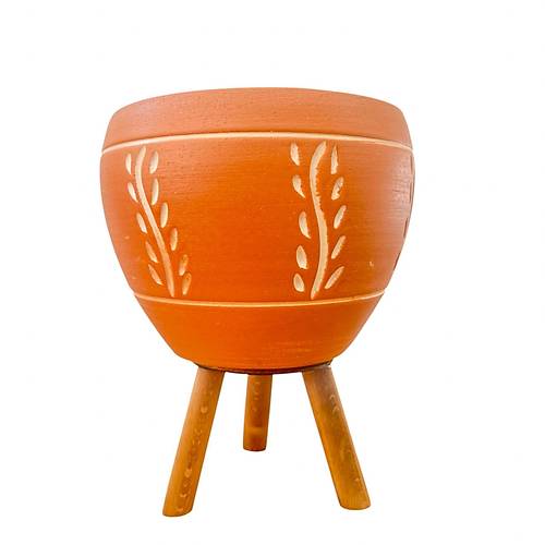 Bitki Tasar�m� Nak�� Desenli Terrakota Toprak Saks� Saks�l�k Salon �i�eklik 3 Ayakl� - 15 Cm