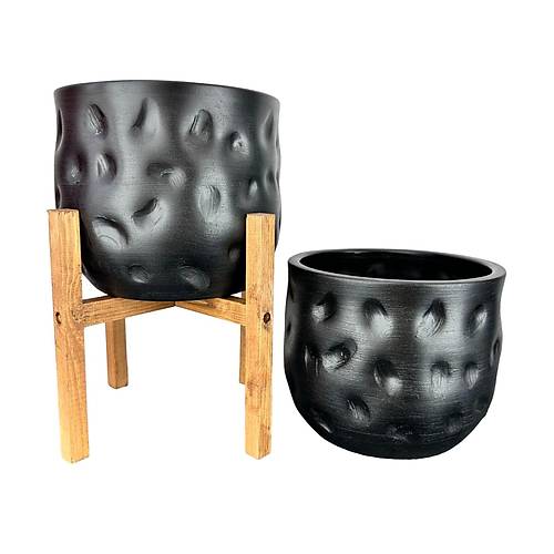 Bitki Tasarm Ev Dekorasyon Aksesuar Siyah Desenli Toprak Saks Sakslk Salon ieklik kili Set 4 Ayakl - Ayaksz 19 CM