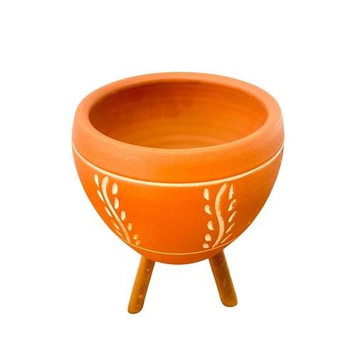 Bitki Tasar�m� Nak�� Desenli Terrakota Toprak Saks� Saks�l�k Salon �i�eklik 3 Ayakl� - 15 Cm