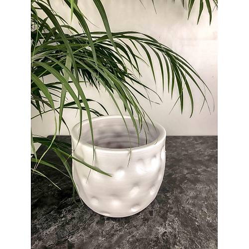 Bitki Tasarm  Beyaz Desenli Toprak Saks Sakslk Salon ieklik - 19 CM